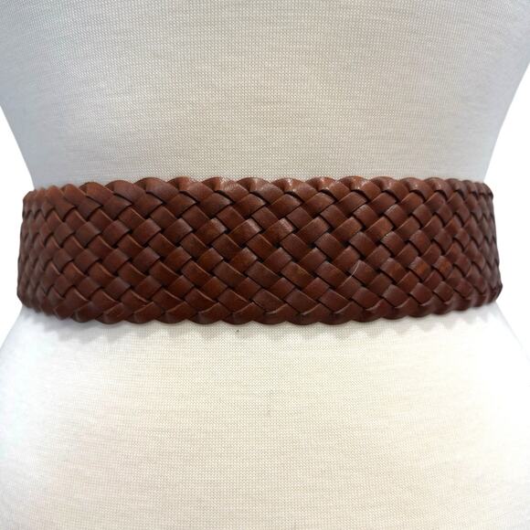 Wide Brown Leather Braided Belt Wide Chunky Buckle Structured - Women's Size S/M - Picture 3 of 8